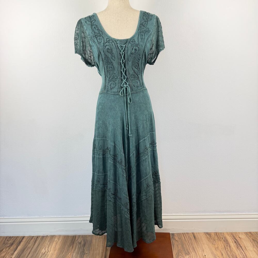 Green Embroidered Sheer Cap Sleeve Corset Midi Dress Fairy Grunge M/L Ren Fest